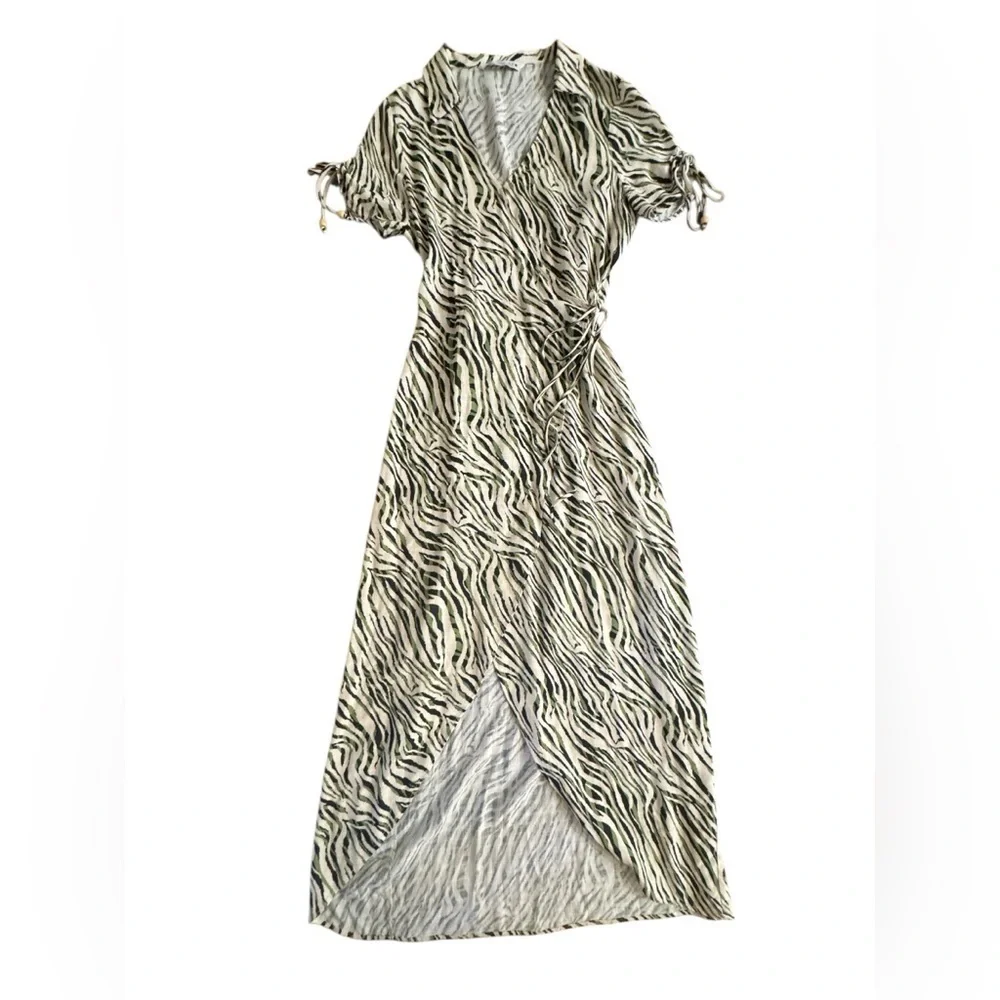 ZARA Animal Print Wrap Dress ECRU/KHAKI - Picture 9 of 13